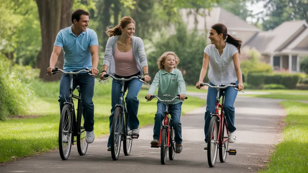 A family enjoys a bike ride together on a trail in Tualatin, Oregon
