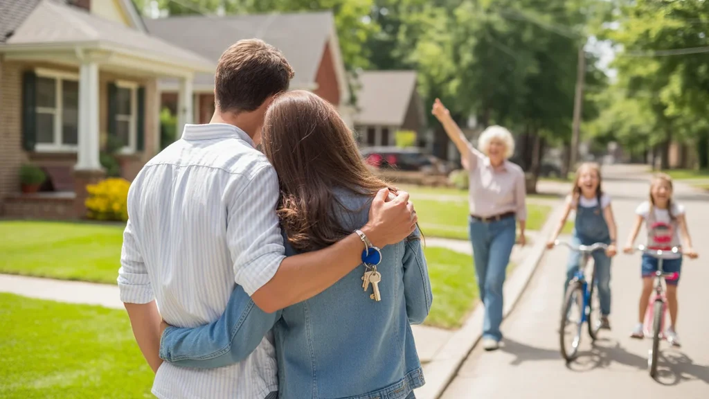 A young couple stands in front of their new brick home in Jeffersontown, keys in hand, as a neighbor walks by and children ride bicycles down the street.
