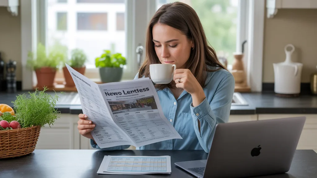 Woman reviewing utility fees in local newsletter while budgeting at her Beaverton apartment kitchen table