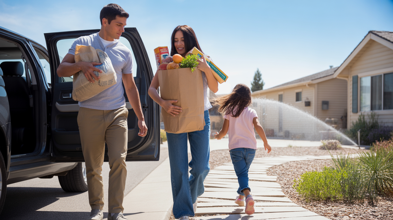 A couple unloading groceries from their SUV in the driveway of their Northglenn home while their daughter opens the front door.