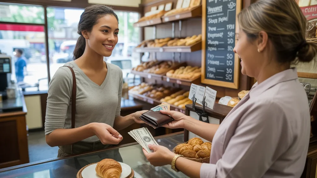 A young woman paying in cash at a local Smyrna bakery, with a thoughtful expression and a modest amount of money in her wallet.