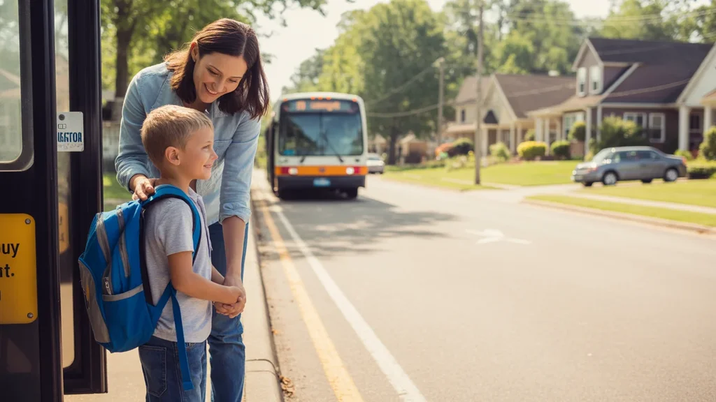 Mother and son waiting for the bus at a neighborhood stop in Hendersonville, TN