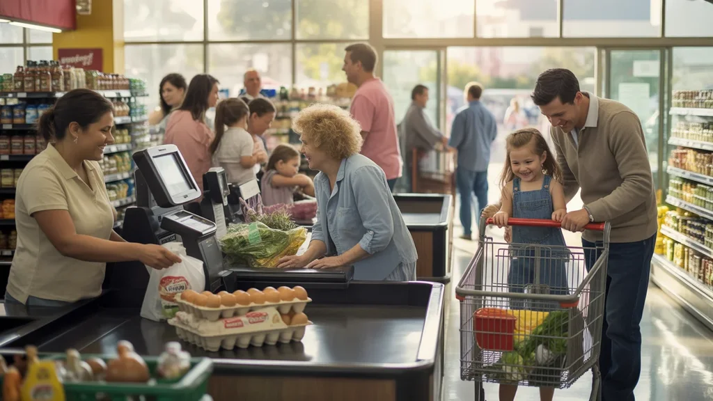 Shoppers of various ages in the checkout line at a neighborhood grocery store in Grand Prairie, TX