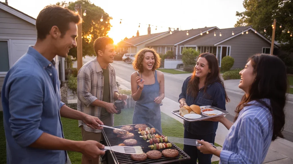 Friends enjoying a backyard barbecue in Ontario, CA at sunset, with string lights glowing overhead