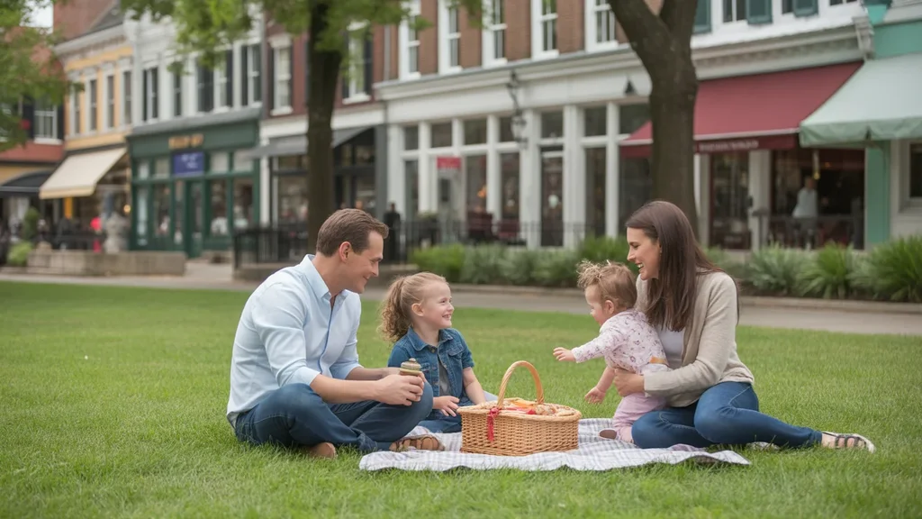 A family enjoys a picnic in a park in Franklin, TN with historic buildings in the background