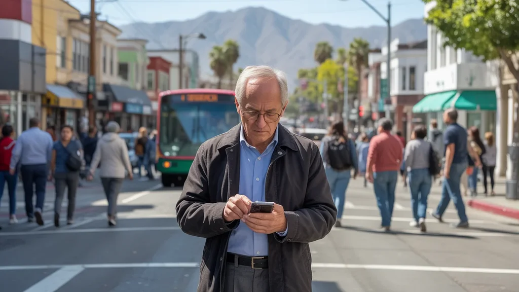 Man waiting for bus on busy San Bernardino street corner