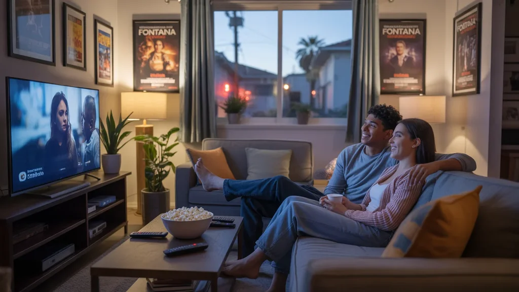 Two roommates watching a movie together in their cozy Fontana apartment living room decorated with posters.