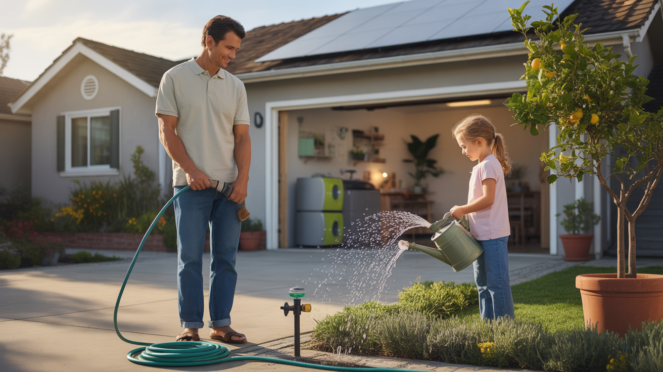 Man coils hose by irrigation timer as daughter waters lemon tree in Garden Grove yard at sunset