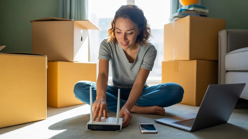 Woman setting up Wi-Fi router in new Wheaton apartment, surrounded by moving boxes