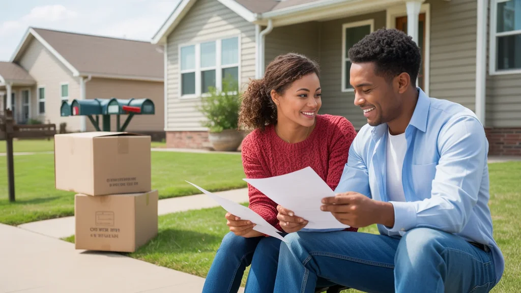 Couple reviewing paperwork on steps of new home in Moore, OK with apartment mailboxes across street
