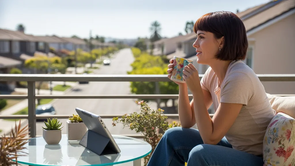Woman drinking coffee on balcony in Murrieta with tablet beside her