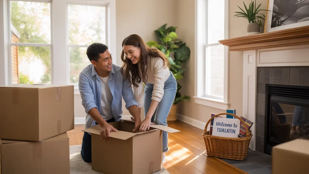 Couple unpacking in their new Tualatin living room