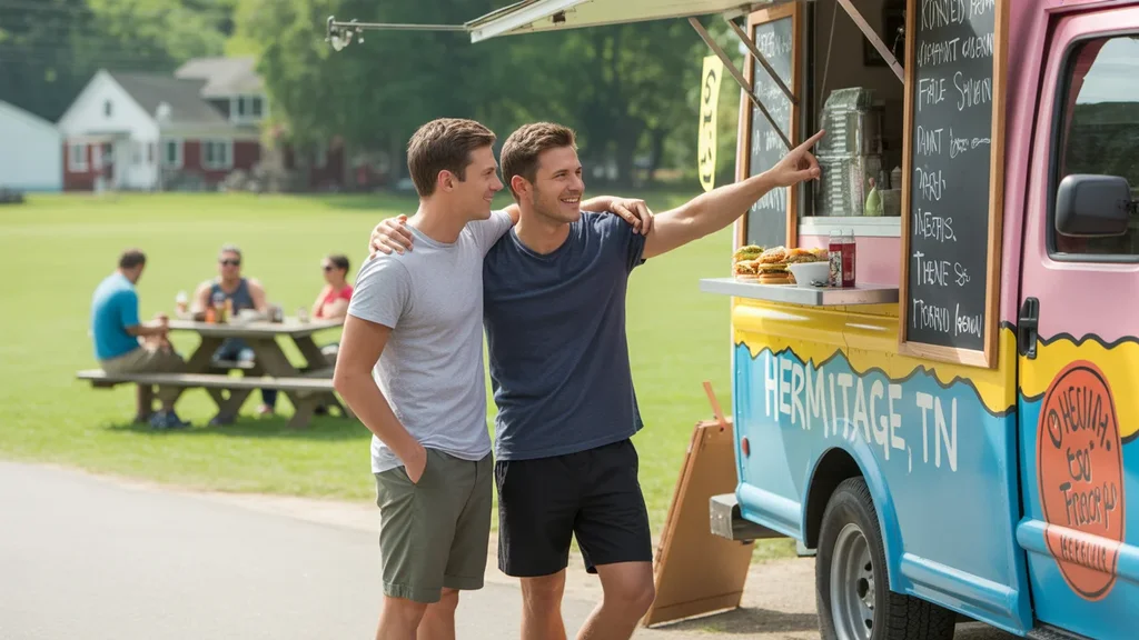 Two friends smile as they decide what to order from a food truck menu in a park in Hermitage, TN