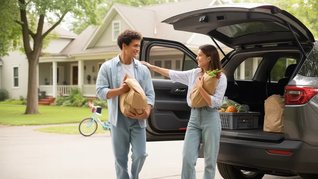 Couple unloading groceries in driveway of suburban home in Nicholasville, Kentucky