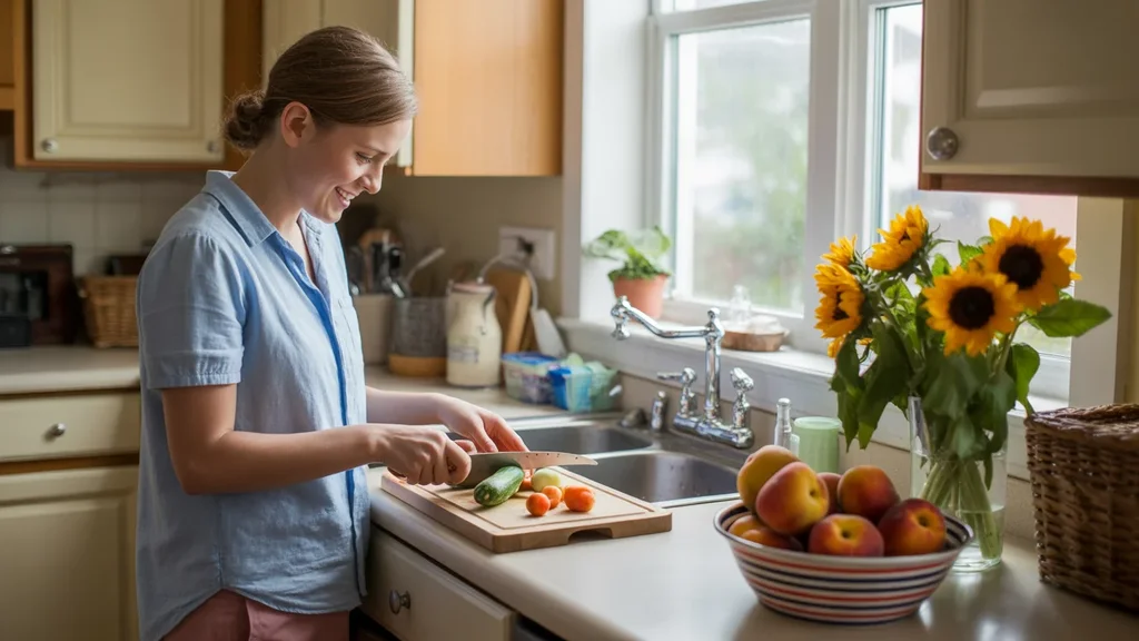 A sunlit kitchen counter with fresh produce and flowers, illustrating comfortable suburban life in Stonecrest, GA.