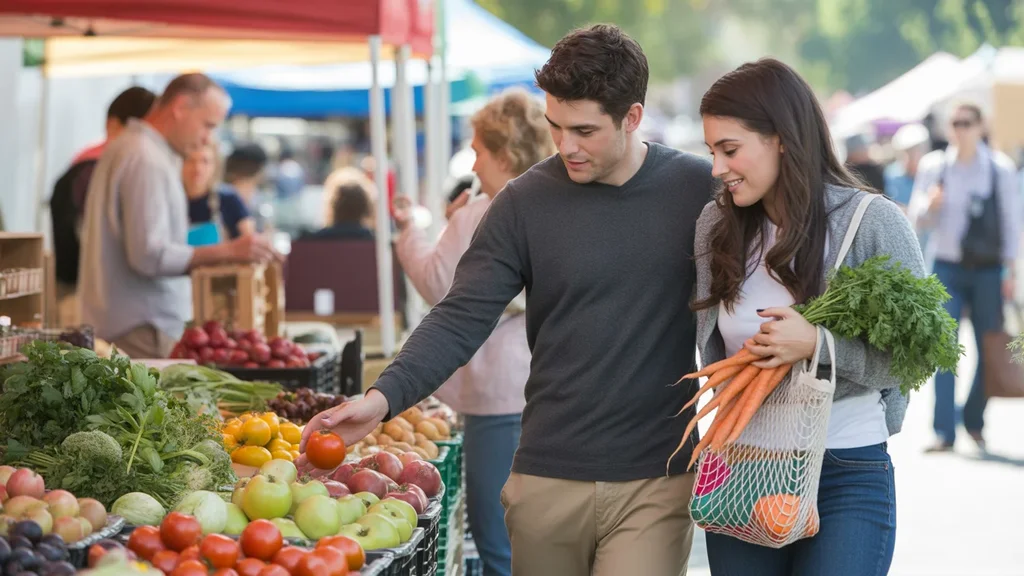 Couple shopping for fresh produce at outdoor farmers market in Highlands Ranch