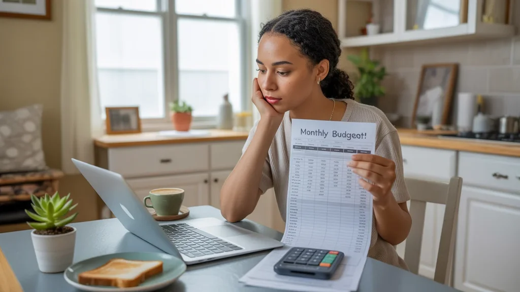 Woman reviewing monthly budget on laptop in her Hermitage apartment kitchen