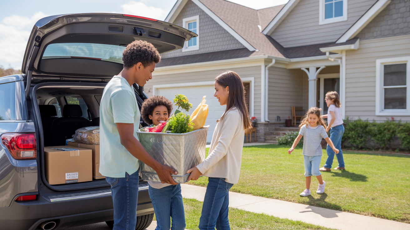 A family unloads groceries at their new home in Murfreesboro, TN
