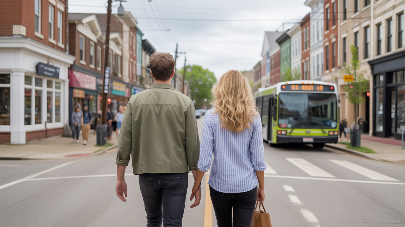 Friends explore a walkable mixed-use neighborhood in Nashville, TN