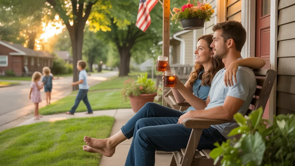 Couple relaxing on porch swing in Littleton Colorado at sunset