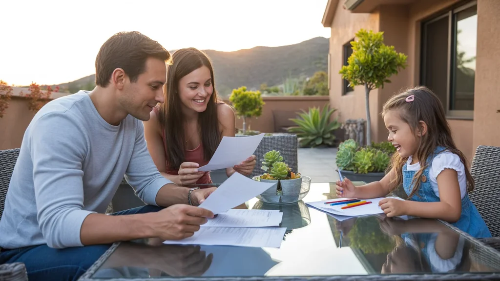 Family reviewing monthly utility bills at patio table outside Irvine home at sunset
