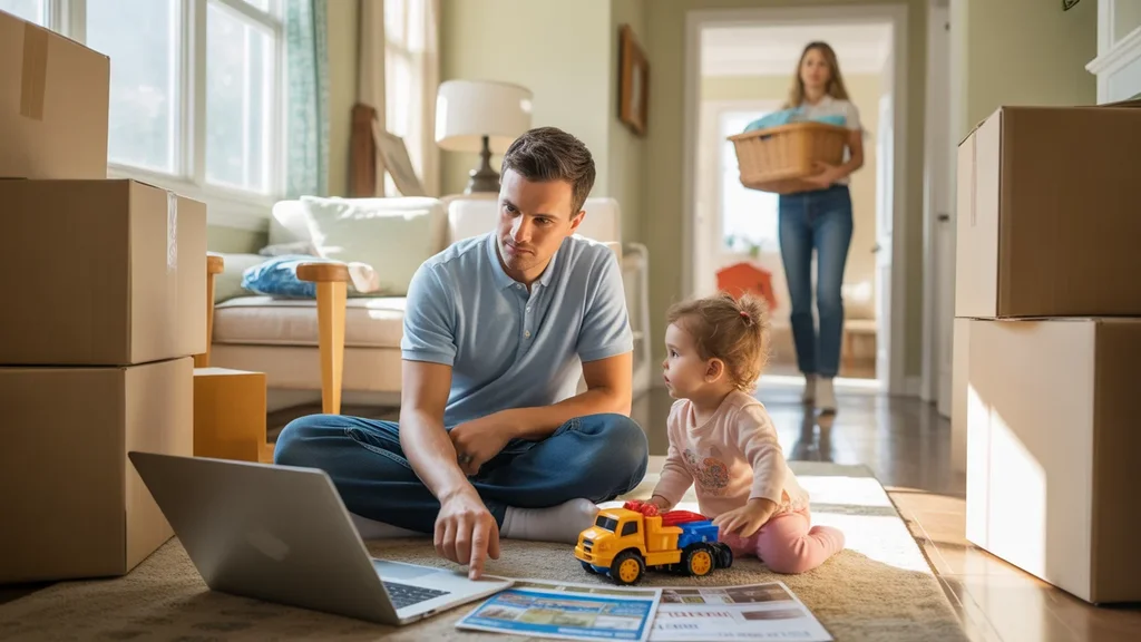 Father considers housing costs in Wheaton while daughter plays beside moving boxes