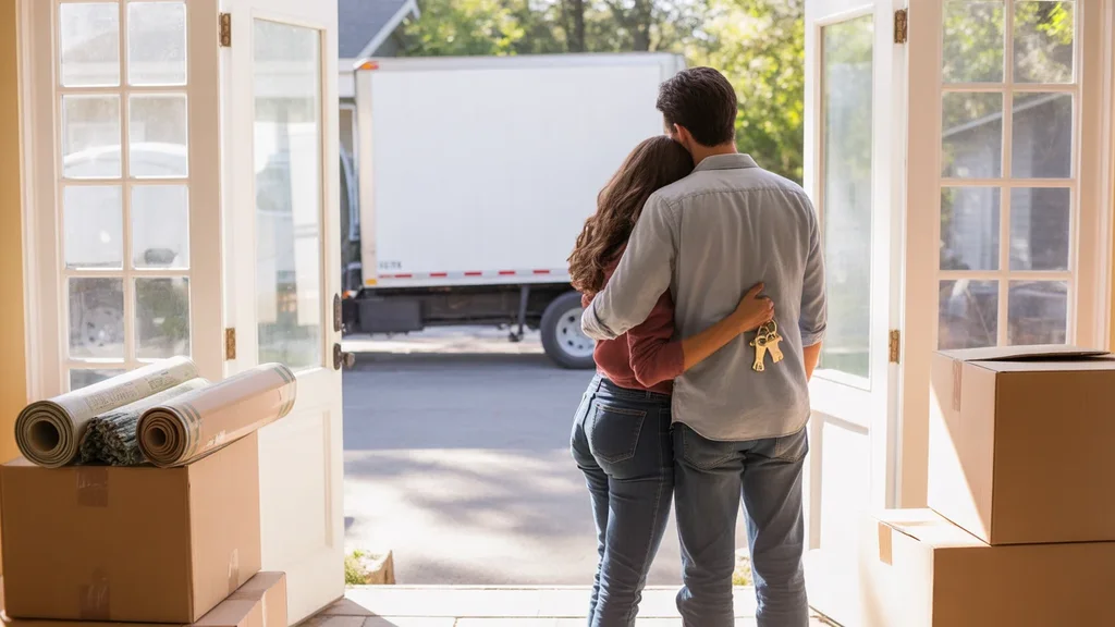 Couple stands in doorway of new Lakewood home on moving day