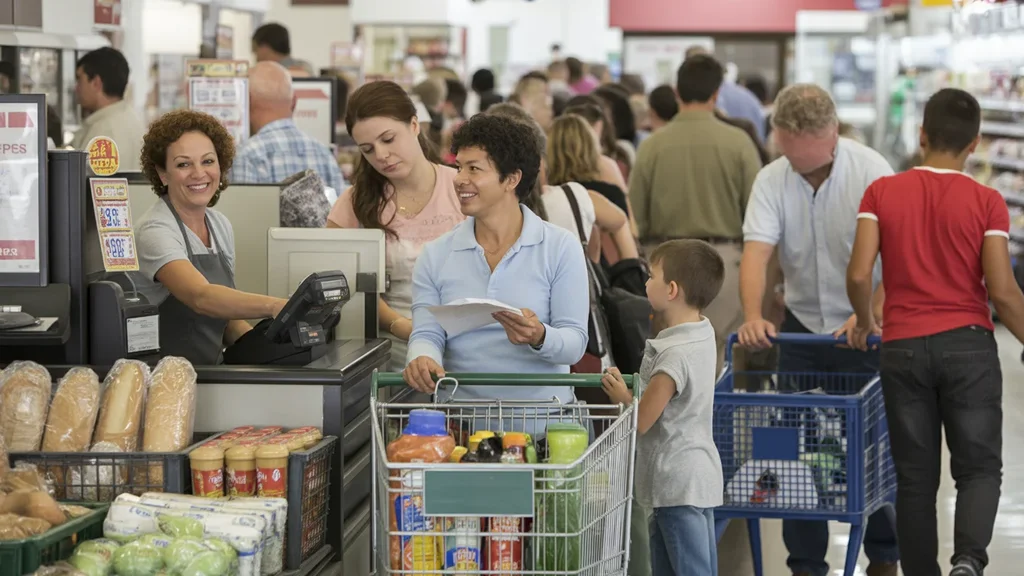 Shoppers of various ages and backgrounds wait in the checkout line at a neighborhood grocery store in Las Vegas