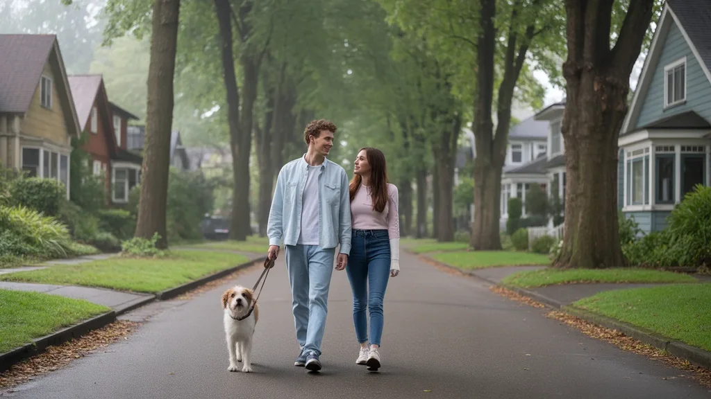 Couple walking dog on tree-lined residential street in Portland, Oregon