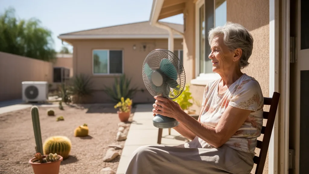 Grandmother sitting on shaded porch in Las Vegas, fanning herself in the summer heat