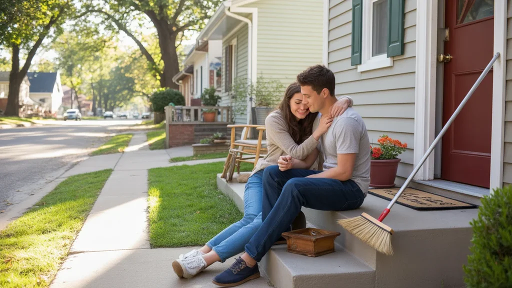 Couple sitting on front steps of house in Winchester neighborhood