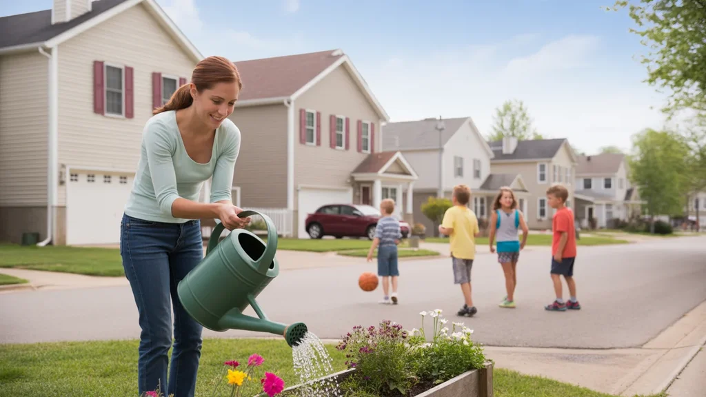 Woman watering flowers by her driveway in a suburban Valley Station neighborhood