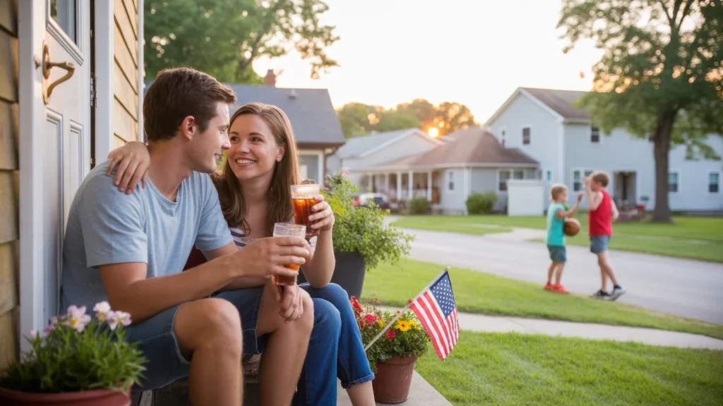 Couple relaxing on front porch of suburban Nashville home at sunset