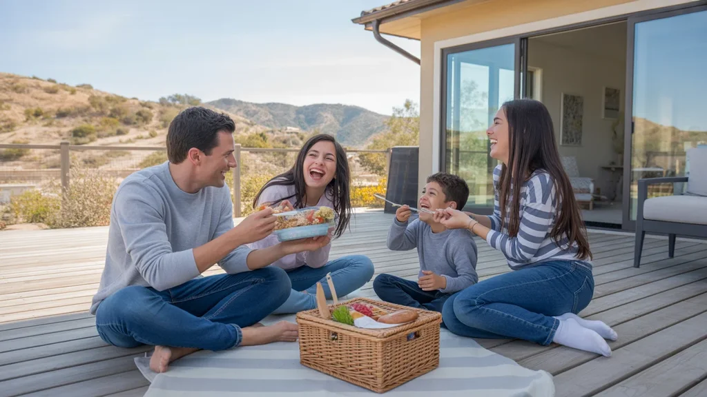 Family enjoying an affordable new home with a view in Murrieta, CA