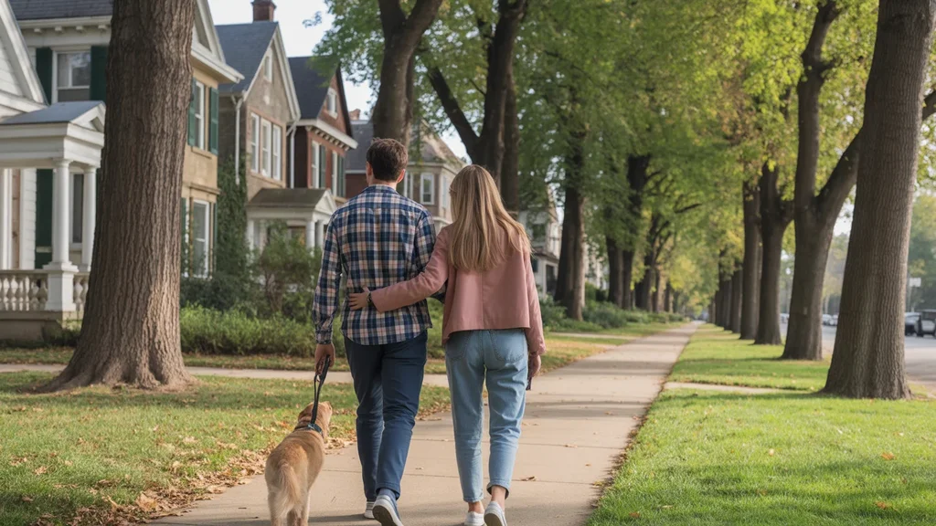 Couple walking dog in residential Evanston neighborhood with historic houses and fall foliage.