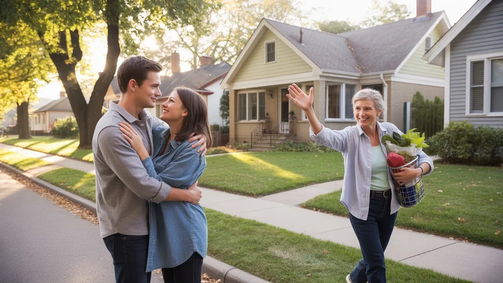 A young couple admiring their new Evanston bungalow as a neighbor waves hello