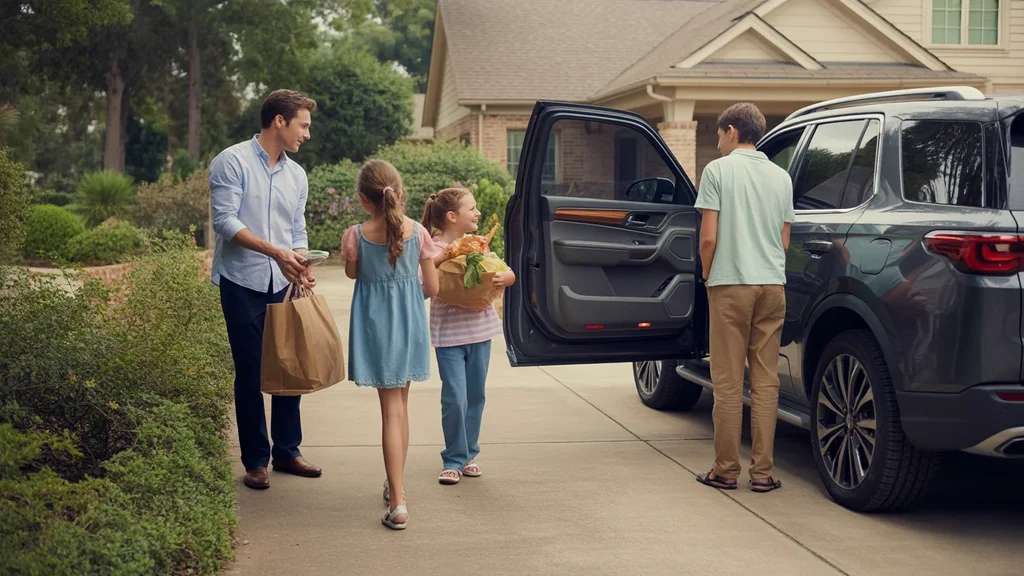 Family unloading groceries outside their home in Sugar Land, TX