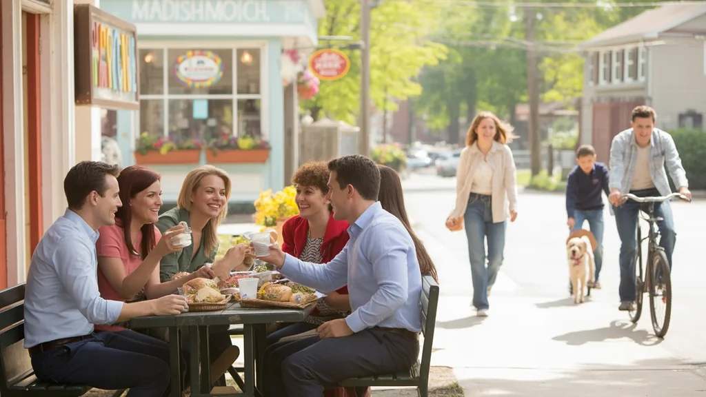 Coworkers having lunch outside local restaurant in Madison, TN