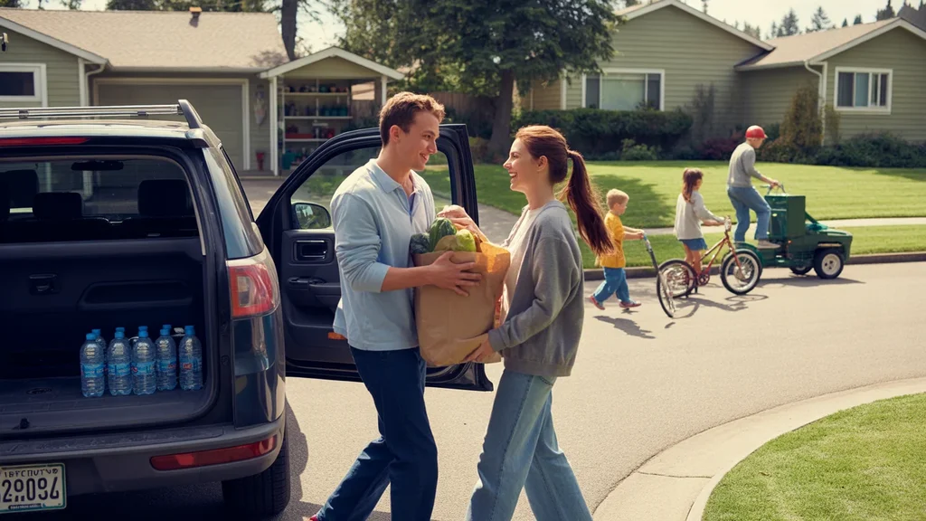 A couple unloading groceries from their car in the driveway of a suburban home in Gresham, Oregon