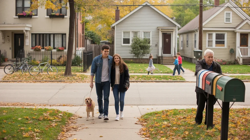 A couple walking their dog past apartments and houses on a tree-lined street in Chicago.