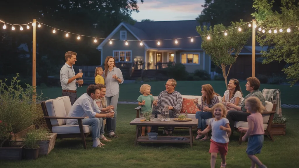 A diverse group of friends and neighbors gathered in a cozy Roswell backyard at night, enjoying drinks and conversation under string lights.