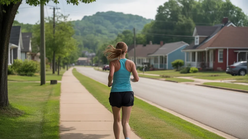 Woman jogging in a peaceful Winchester, KY neighborhood on a sunny morning