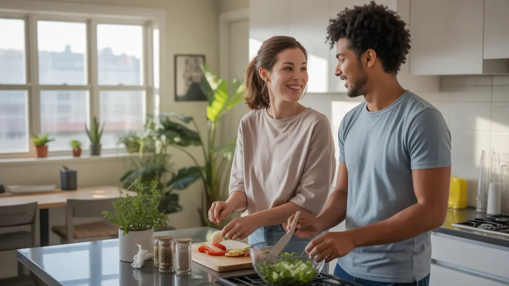 A couple cooks together in a bright, minimalist apartment kitchen in Tigard, Oregon.