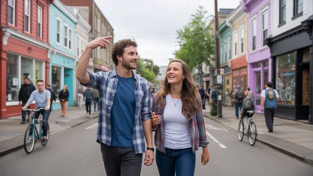 Friends explore a colorful, mixed-use street in a walkable Portland neighborhood.