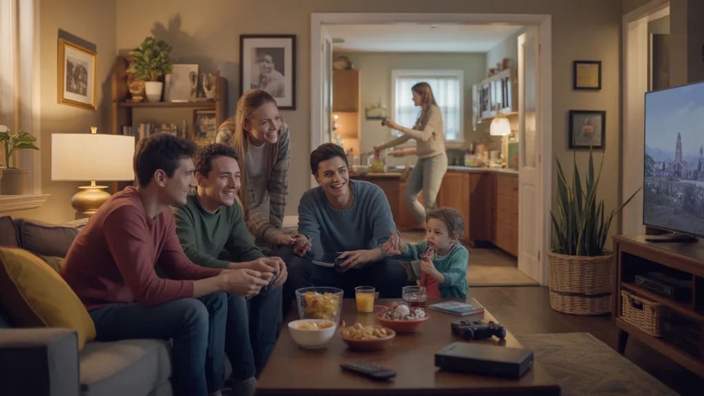 Friends enjoy game night in a cozy Georgetown living room with TV and consoles visible