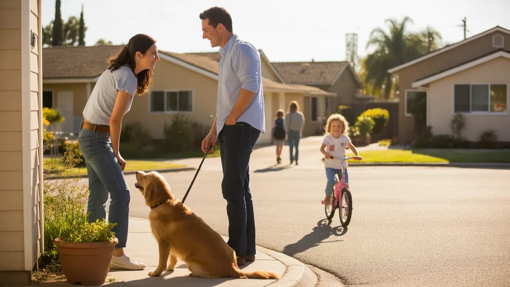 Neighbors chatting casually in a Tustin driveway at sunset, with a dog and child nearby