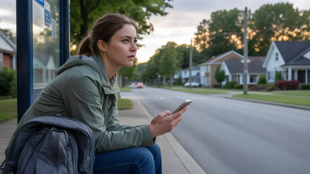 Young woman checking phone while waiting for the bus at a stop in Huntersville, NC at dusk