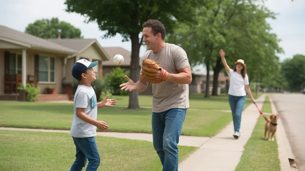 Father and son playing catch in the front yard of their suburban home in Moore, Oklahoma