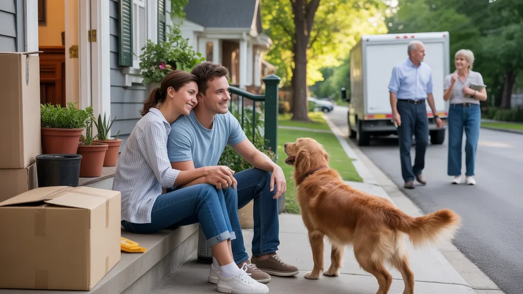 Couple sitting on front steps of Middletown home with dog watching from window
