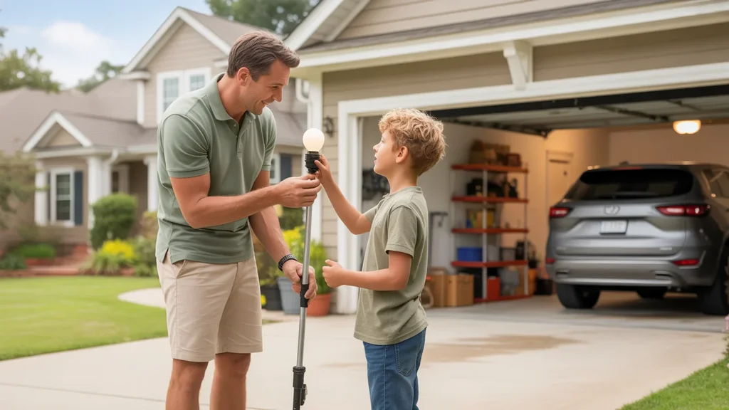 Father teaching son to change garage door lightbulb at their Hendersonville home
